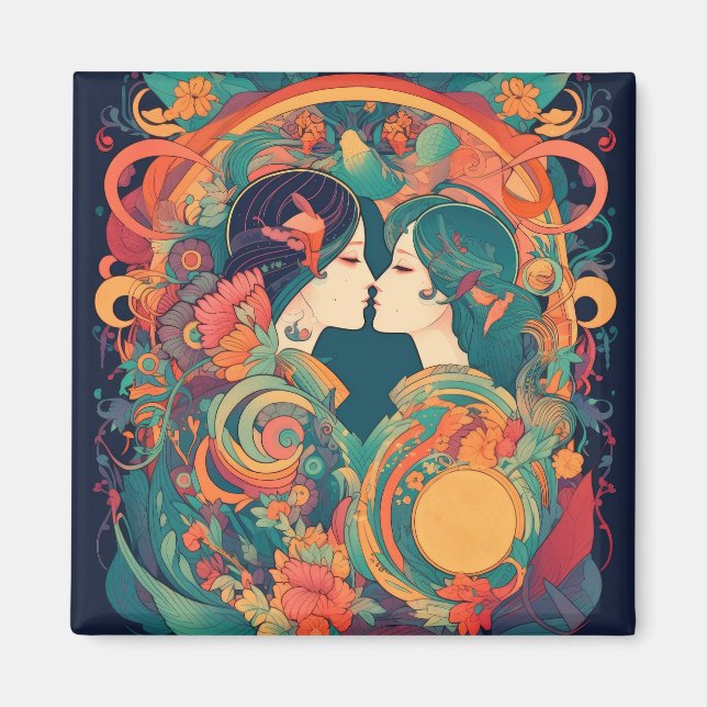 Hennes Kärlek, hennes sätt | Lesbisk Kiss Art Deco Magnet (Framsidan)