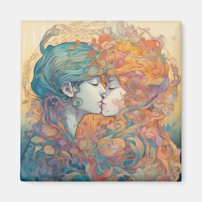 Hennes Kärlek, hennes sätt | Lesbisk Kiss Art Deco Magnet (Framsidan)