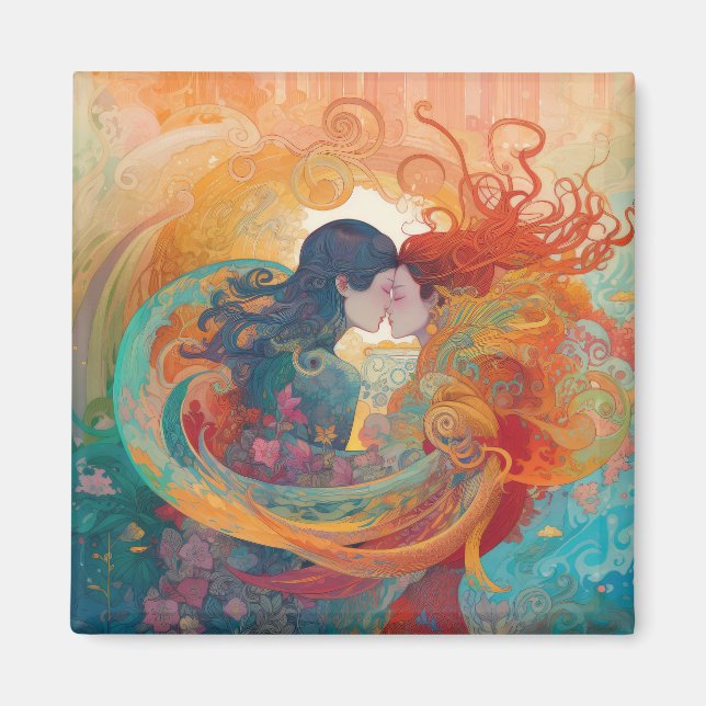 Hennes Kärlek, hennes sätt | Lesbisk Kiss Art Deco Magnet (Framsidan)