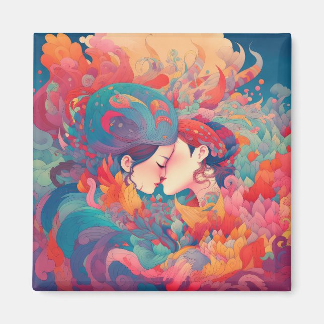 Hennes Kärlek, hennes sätt | Lesbisk Kiss Art Deco Magnet (Framsidan)