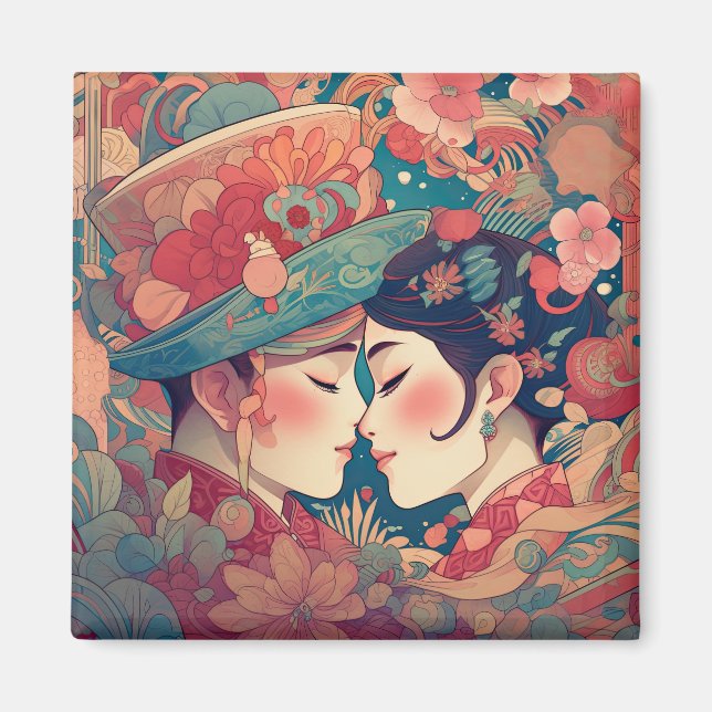 Hennes Kärlek, hennes sätt | Lesbisk Kiss Art Deco Magnet (Framsidan)