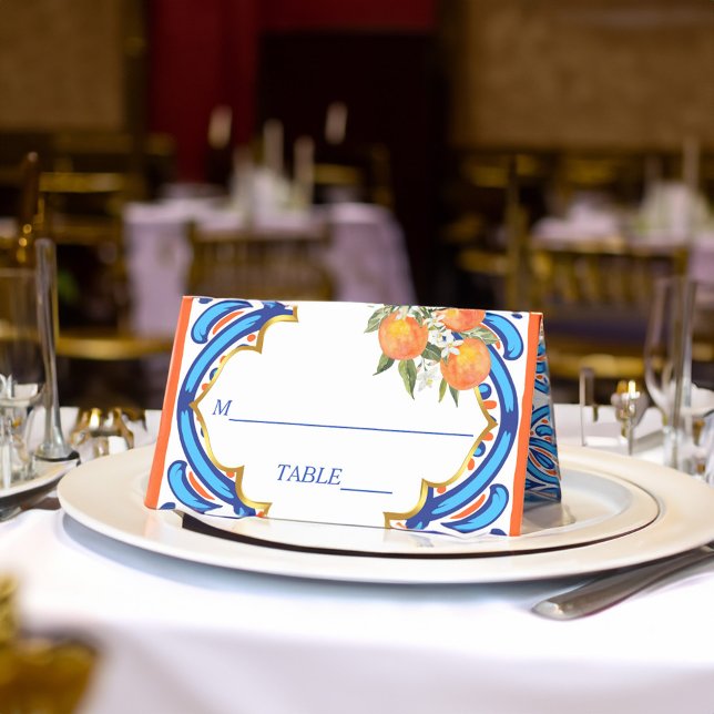 Hennes Main Squeeze orange blå bröllopsdusch  Placeringskort (Her Main Squeeze orange blue bridal shower Place Card personalized bridal shower decor)