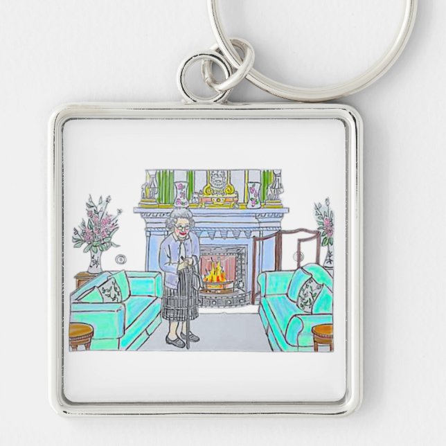 Hennes Majestät, drottning Elizabeth II Fyrkantig Silverfärgad Nyckelring (Framsidan)