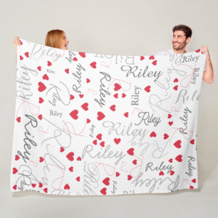 Hennes Namn Initial och Red Hearts Allover White Fleecefilt