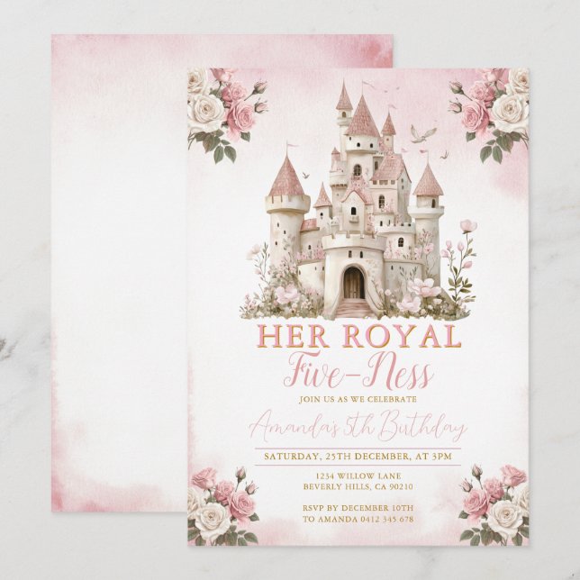 Hennes royal, fem-ness Birthday Castle Rosa Flower Inbjudningar (Fram/baksida)