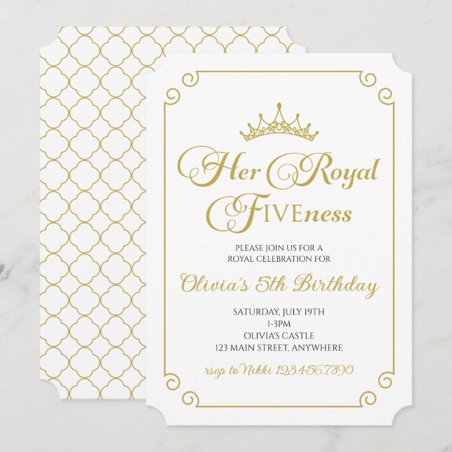 Hennes Royal Guld Princess 5:e födelsedag Inbjudningar (Fram/baksida)