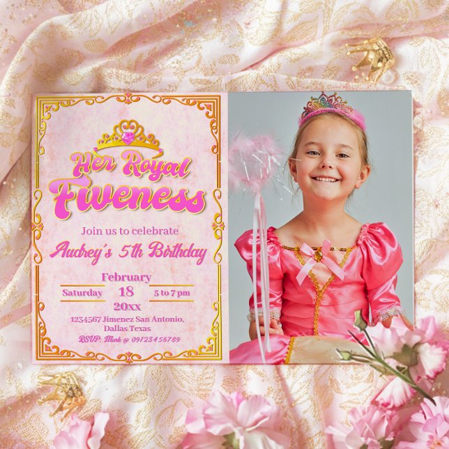 Hennes Royal - inbjudan till flicka 5:e födelsedag (Her Royal Fiveness - Princess Girl 5th Birthday Landscape Invitation with Photo)