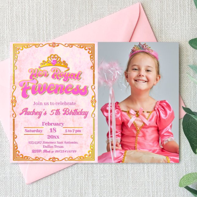 Hennes Royal - inbjudan till flicka 5:e födelsedag (Her Royal Fiveness - Princess Girl 5th Birthday Landscape Invitation with Photo)