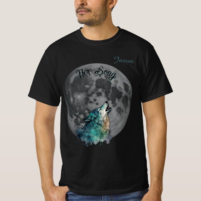 "Hennes Sång" Wolf och Moon Men's Custom  T Shirt (Framsida)