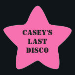 Hennes sista Disco Cowgirl Bachelorette Party Stjärnformat Klistermärke<br><div class="desc">Firar brudar som ska vara i stil med dessa roligt-klistermärken. De rosa stjärnorna är ett redo som ska anpassas med texten med fetstil,  stil med svart stencil. De samordnar med andra föremål i min discocowgirl-grupp.</div>