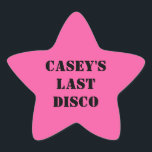 Hennes sista Disco Cowgirl Bachelorette Party Stjärnformat Klistermärke<br><div class="desc">Firar brudar som ska vara i stil med dessa roligt-klistermärken. De rosa stjärnorna är ett redo som ska anpassas med texten med fetstil,  stil med svart stencil. De samordnar med andra föremål i min discocowgirl-grupp.</div>