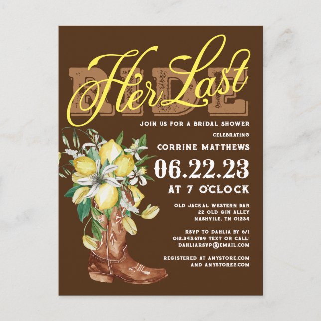 Hennes sista Ride Cowgirl Boots Lemons Möhippa Vykort (Framsida)