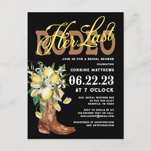 Hennes sista Rodeo Cowgirl Boots Lemons Möhippa Vykort (Framsida)