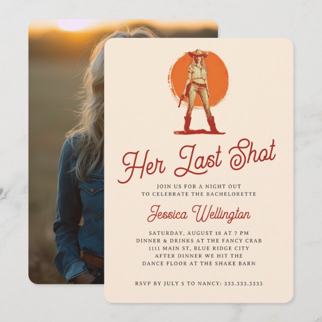 Hennes sista Westerna Shot Retro Cowgirl Bachelore Inbjudningar (Fram/baksida)