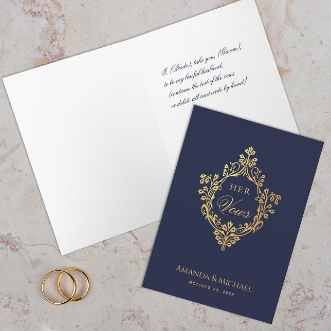 Hennes Vows Navy Blue Faux Guld Vapensköld Elegant Kort (Skapare uppladdad)