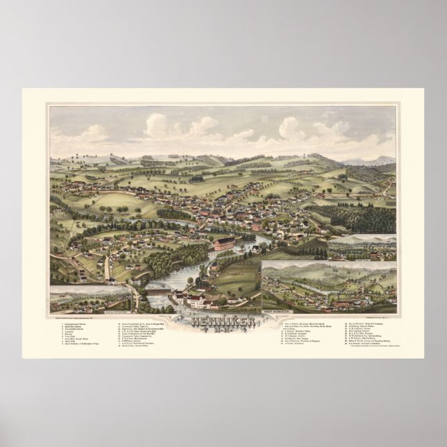 Henniker, NH Panoramic Karta - 1889 Poster (Framsidan)