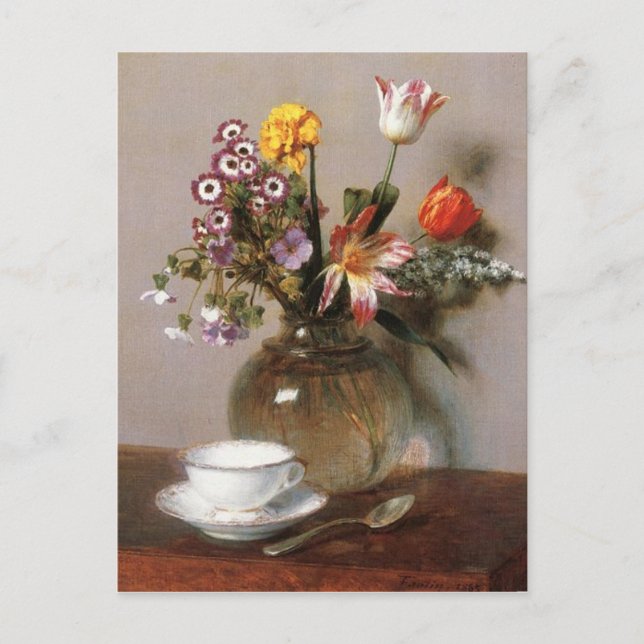 Henri Latour Vas of Flowers with a Coffee Kopp Vykort (Framsida)