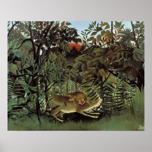 Henri Rousseau - Hungriga Lejona attacken Poster (Framsidan)