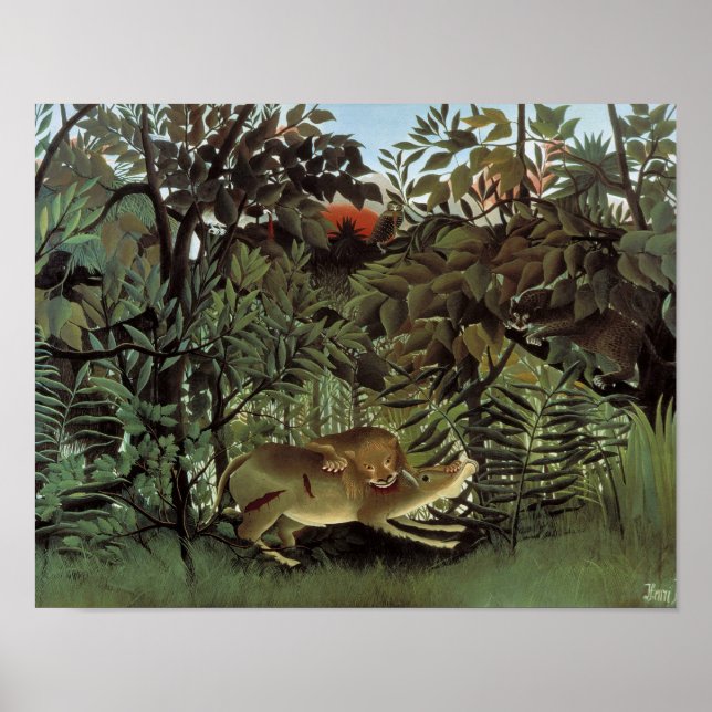 Henri Rousseau - Hungriga Lejona attacken Poster (Framsidan)