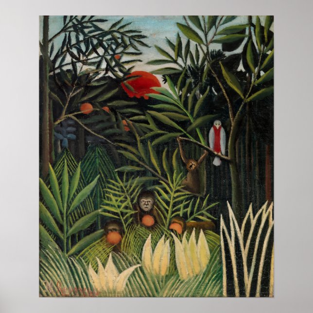 Henri Rousseau - Monkey & Parrot i Virgin Forest Poster (Framsidan)