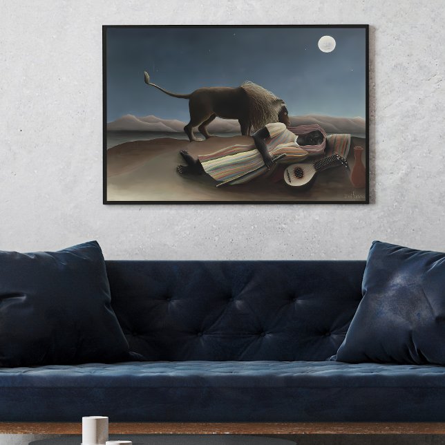 Henri Rousseau's The Sleeping Gypsy (1897) berömd Poster (Unveiling the Enigmatic: Exploring the Mysteries of Henri Rousseau’s The Sleeping Gypsy wall art pos)