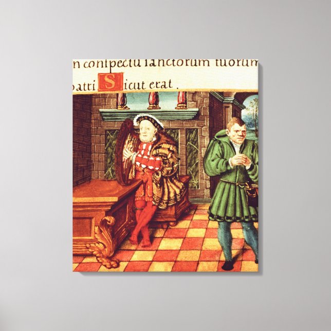 Henry VIII spelar en Harp med sin Fool Wil Canvastryck (Framsida)