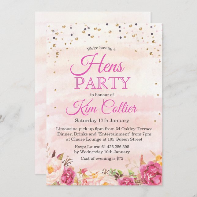 Hens Blommigt - inbjudan till vattenfärgsfärg i Pa (Fram/baksida)