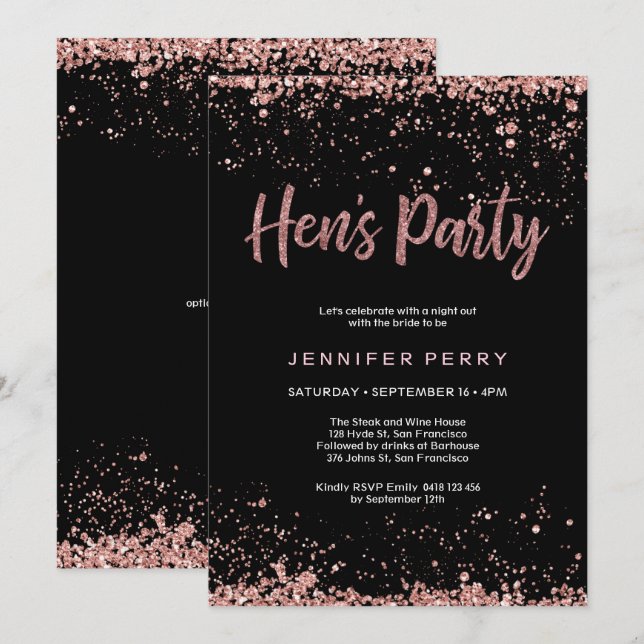 Hens inbjudan till glitter i Party ro guld (Fram/baksida)