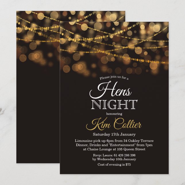 Hens Night Party Glitter Lights Inbjudan (Fram/baksida)