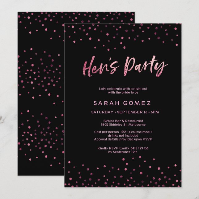 Hens-partiets inbjudan | Rosa glitter folie (Fram/baksida)
