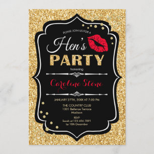 Hens Party - Black Red Guld Inbjudningar
