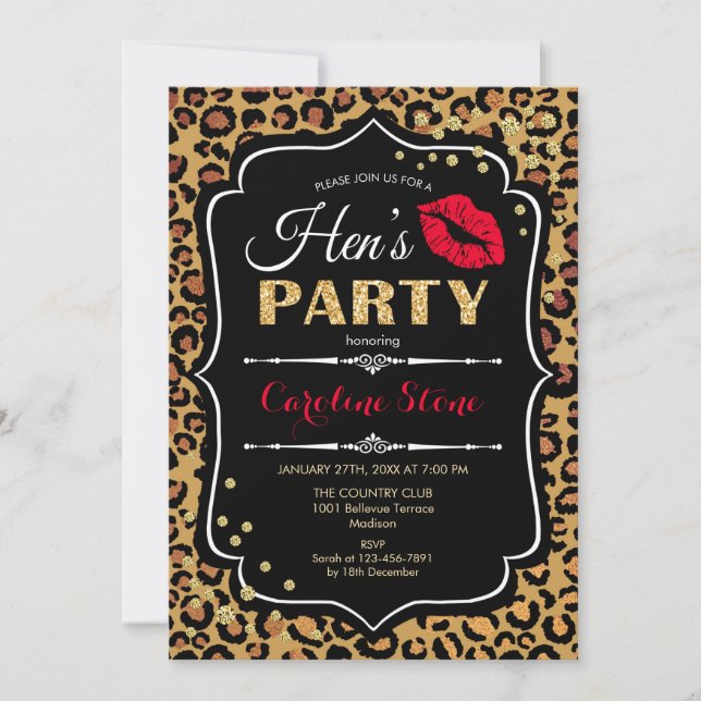 Hens Party - Leopard Print Red Guld Inbjudningar (Framsida)
