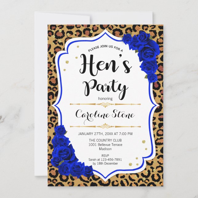 Hens Party - Royal Blue Guld Leopard Skriv ut Inbjudningar (Framsida)