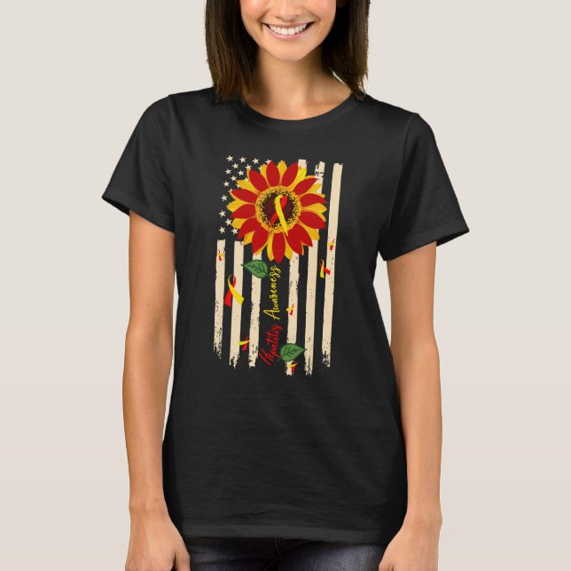 Hepatitis Awareness Sunflower Red and Yellow Ribbo T Shirt (Framsida)