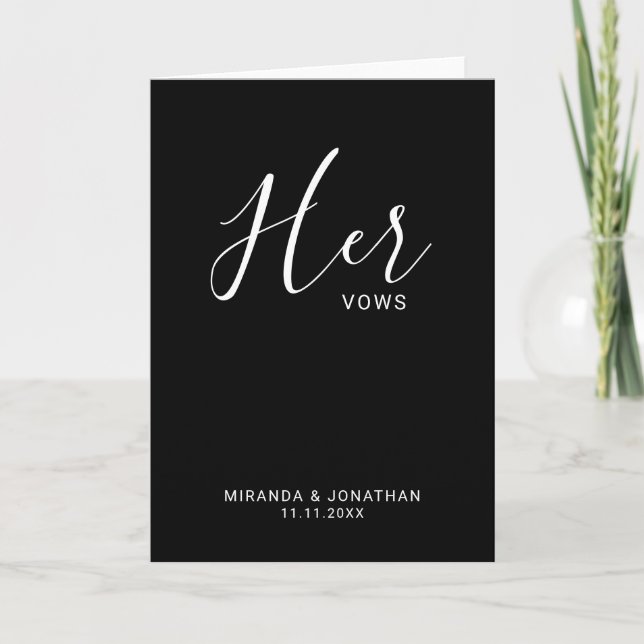 'Her Vows' Minimalist Black and White Wedding Vows Anteckningskort (Framsida)