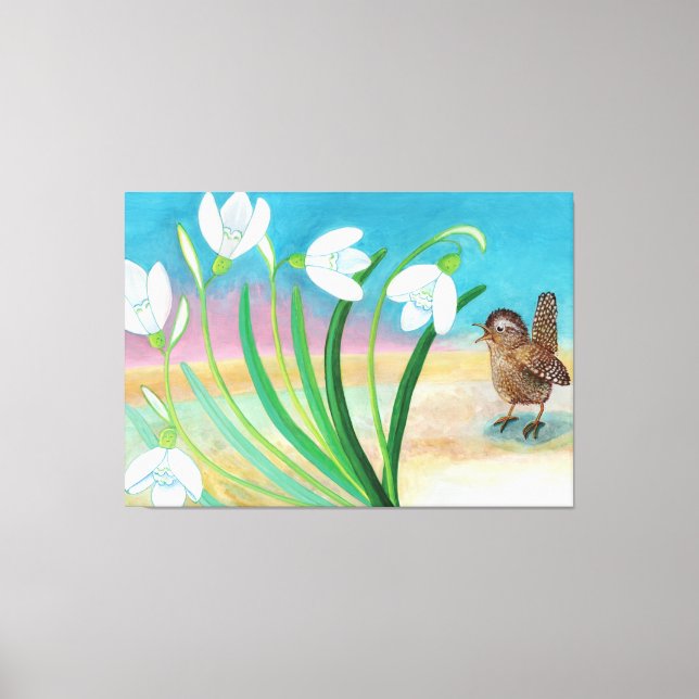 Heralder i vår - Wrenfåglar och snöfall Canvastryck (Framsida)