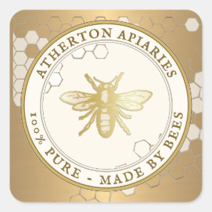 Heraldic Bee Metallic Guld Apiary Honung Label Fyrkantigt Klistermärke