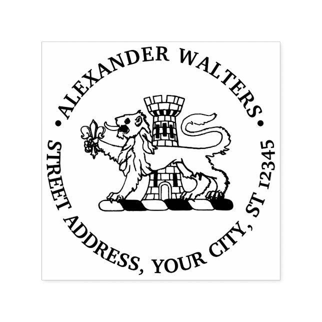 Heraldic Lejon Fleur de Lis Castle Round Adress Självfärgande Stämpel (Design)