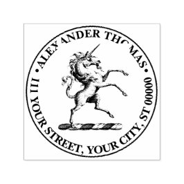 Heraldisk enhörning stigande vapensköld emblem självfärgande stämpel