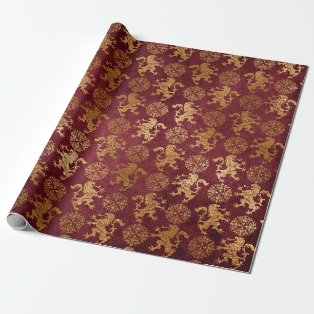 Heraldisk Lejon Royal Golden Red Velvet Presentpapper (Utrullad)