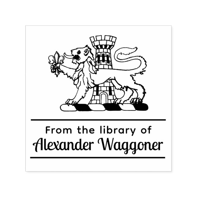 Heraldisk Lejon Slott “Från bibliotek av” Bok  Självfärgande Stämpel (Design)