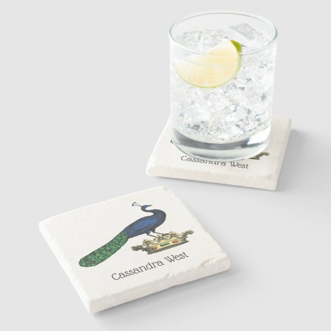 Heraldisk Vintage Stylized Peacock på Krona C Stenunderlägg (Sidan)