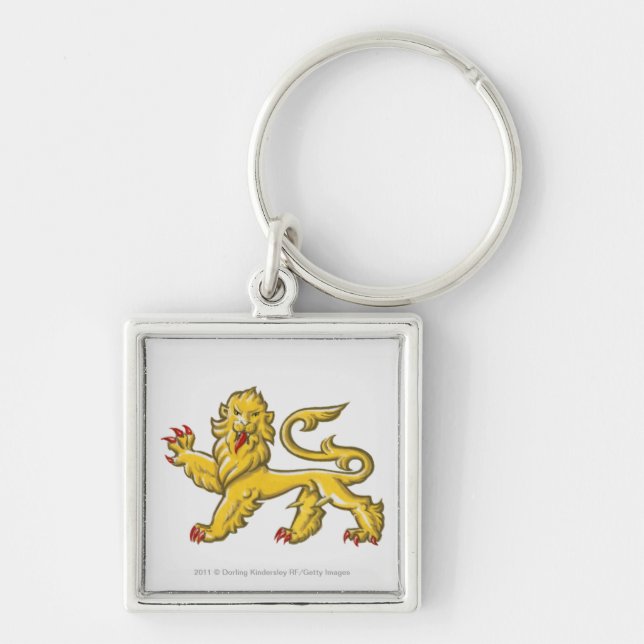 Heraldiskt symbol av lejont statant guardant fyrkantig silverfärgad nyckelring (Framsidan)