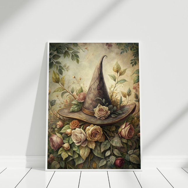 Herb and Flowers Spell - Boho Witch Hat Wall Art Poster (Herb and Flowers Spell – Boho Witch Hat Wall Art in a white frame.)