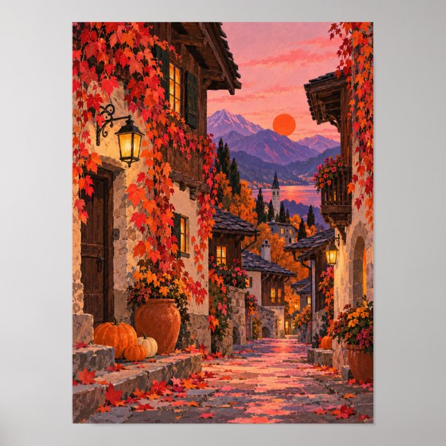 Herbstgasse mit Laternen und Weinlaub – Poster (Framsidan)