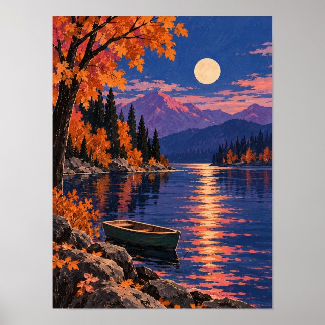 Herbstsee im Mondlicht mit Ruderboot – Wandkunst Poster (Framsidan)