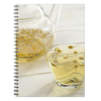 Herbteet som är en tekanna av glas och en kopp anteckningsbok med spiral