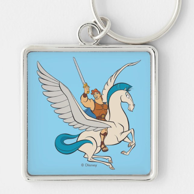 Hercules Riding Pegasus Keychain Fyrkantig Silverfärgad Nyckelring (Framsidan)