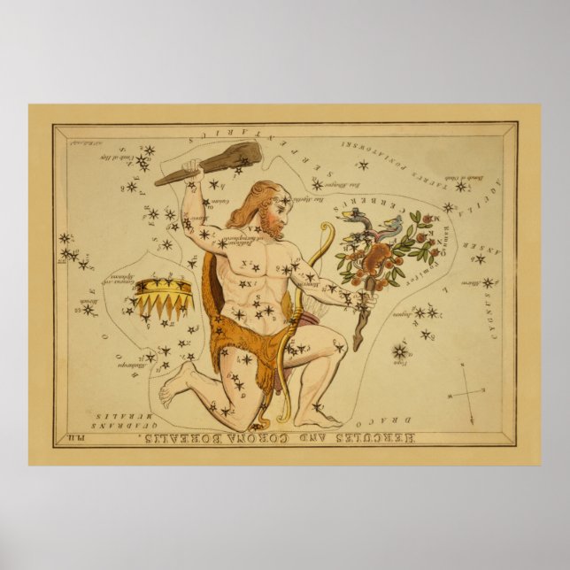 Hercules - Vintage Astronomical Star Chart Image Poster (Framsidan)
