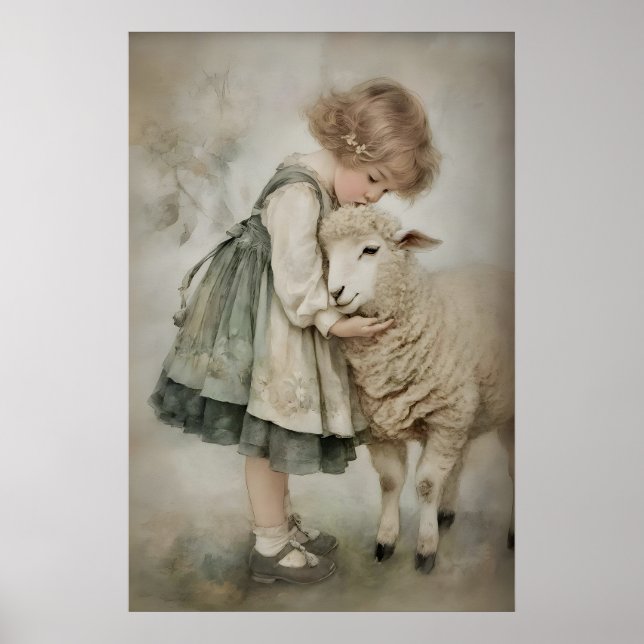Herdeflicka och får Antiktryck, Lamm Rustik Poster (Framsidan)